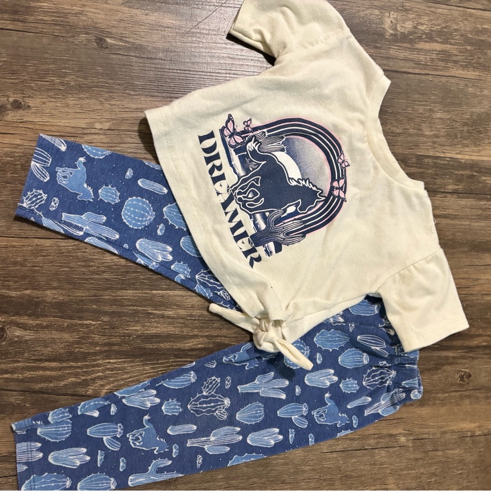 Kids Cream Top and Blue Cactus Leggings Set